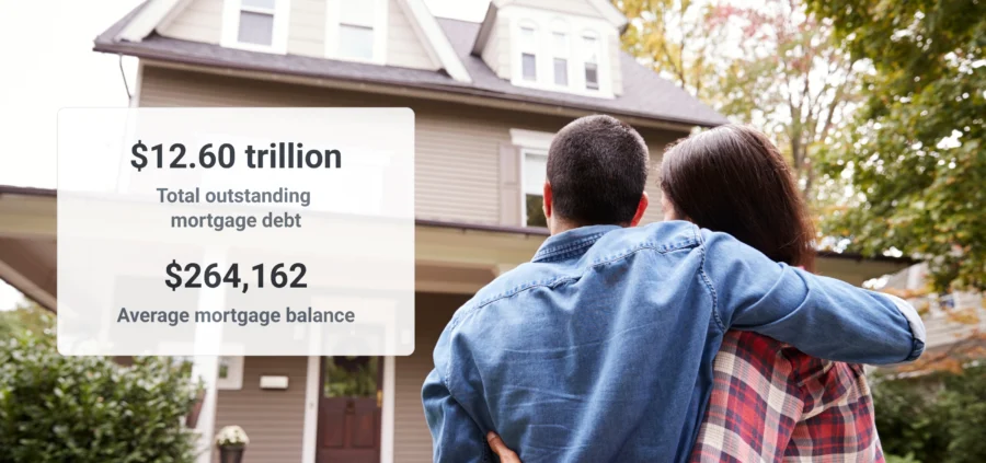 A happy couple looking up at their new house. There is black text superimposed on a white background that reads $12.6 trillion total outstanding mortgage debt and $264,162 average mortgage balance.