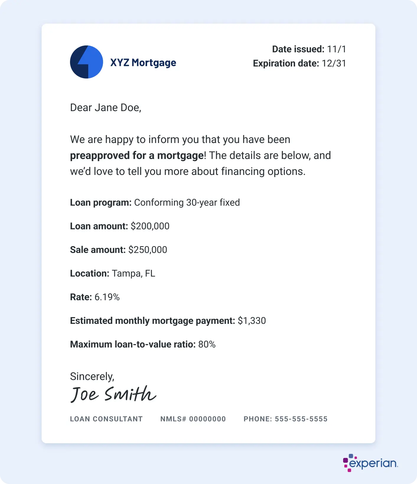 Graphic showing a sample mortgage preapproval letter from XYZ Mortgage addressed to Jane Doe. The letter confirms she has been preapproved for a mortgage and includes key loan details. The loan program is a confirming 30-year fixed, with a loan amount of $200,000 and a sale amount of $250,000. The location is Tampa, Florida, the interest rate is 6.19%, the estimated monthly mortgage payment is $1,330, and the maximum loan-to-value ratio is 80%. The letter is signed by Joe Smith, Loan Consultant, with placeholder contact information. The Experian logo appears in the bottom-right corner.