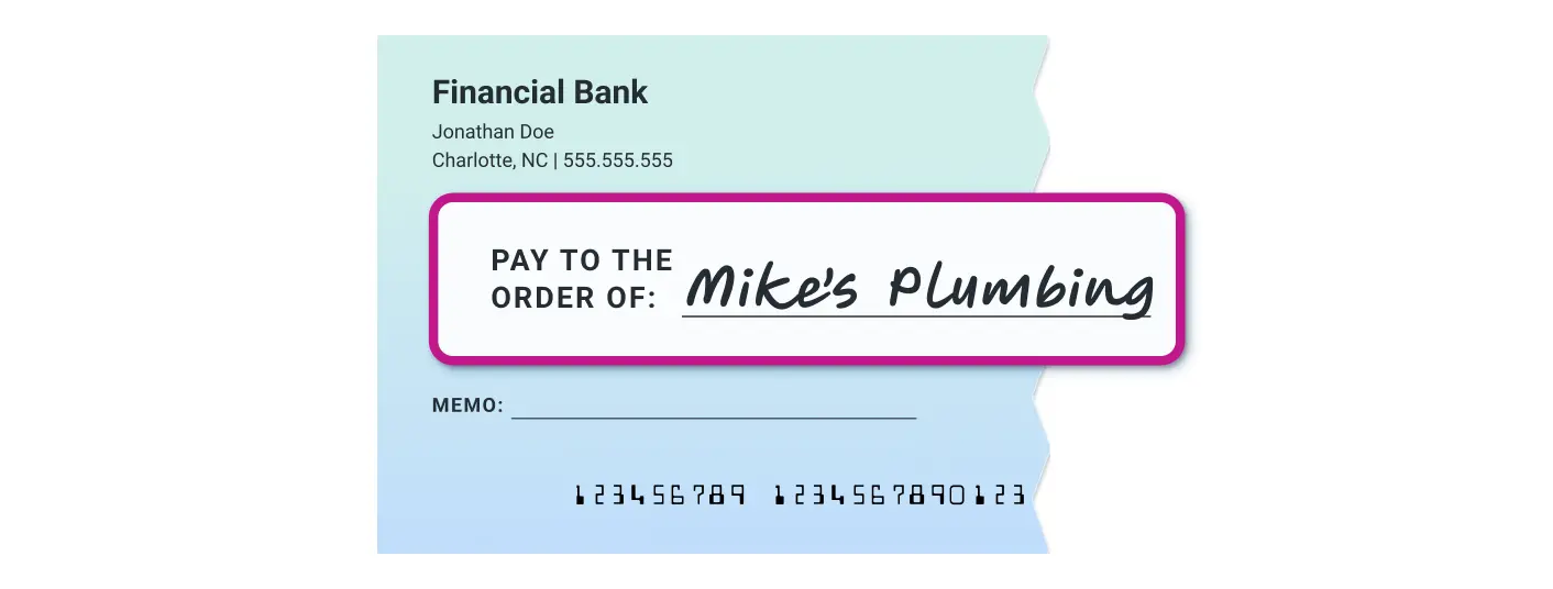 Step 2 - Payee Line. Check highlighting the 'Pay to the Order of' line, showing where to write the name of the person or business receiving the check.