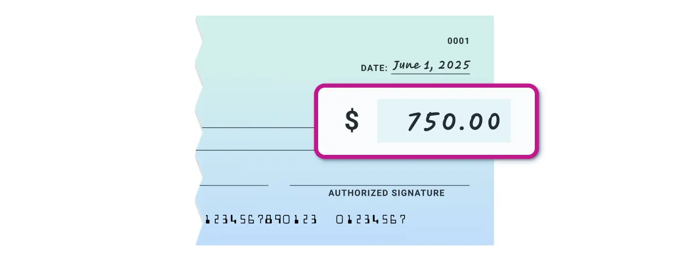 Step 3 - Numeric Amount. Check showing the numeric amount field filled in with $750, illustrating where to enter the payment amount in numbers.